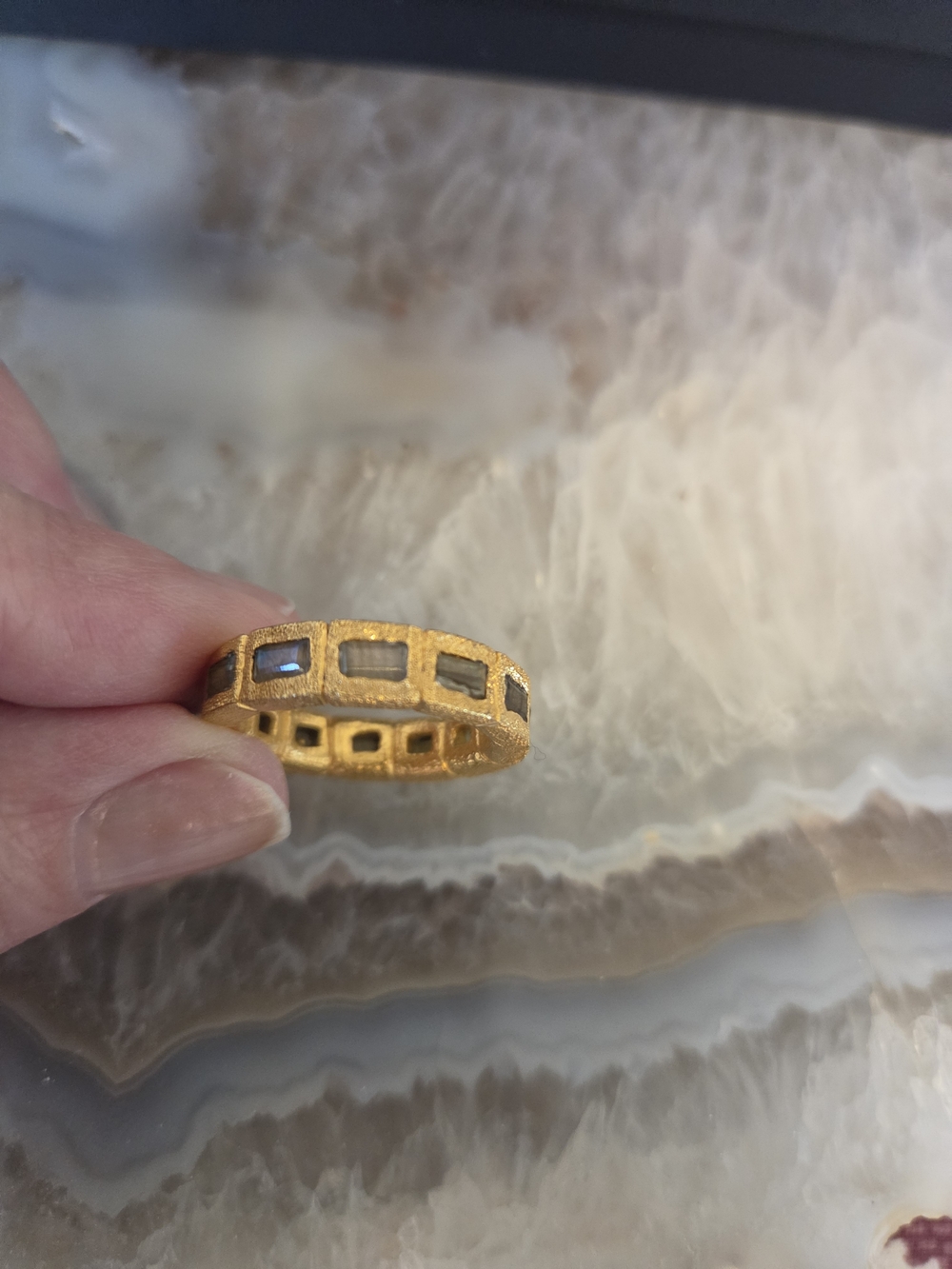 Satya Ring- Gold Textured Band with Labradorite Rectangular Inlays